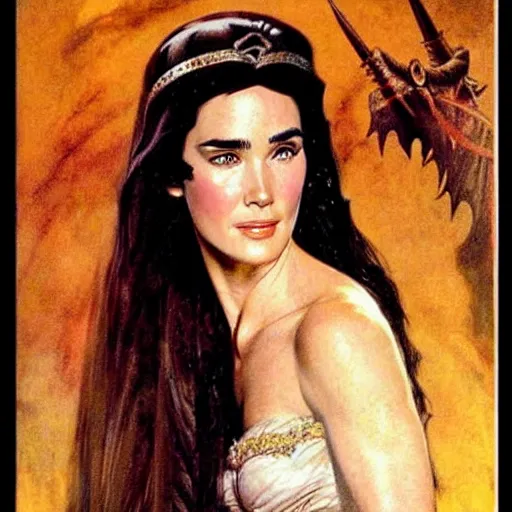 Prompt: jennifer connelly as a princess by frank frazetta