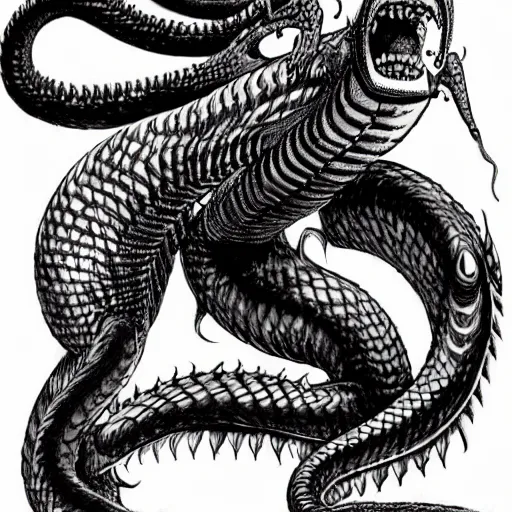 Image similar to a male naga, serpent body, kentaro miura art style