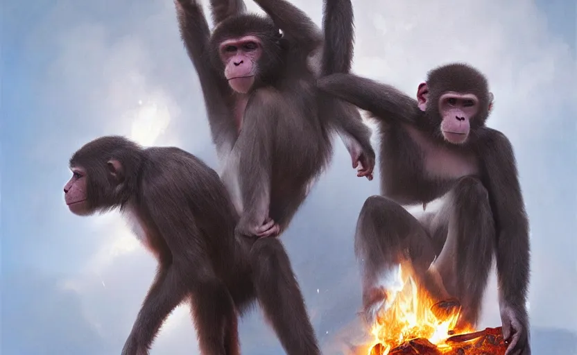 Image similar to vladimir putin as a monkey with his comrades on fire in the background photojournalism, ultra detailed, 8 k resolution, realistic painting, symmetrical, highly detailed, digital painting, artstation, concept art, smooth, sharp focus, illustration, cinematic lighting, art by artgerm and greg rutkowski and alphonse mucha