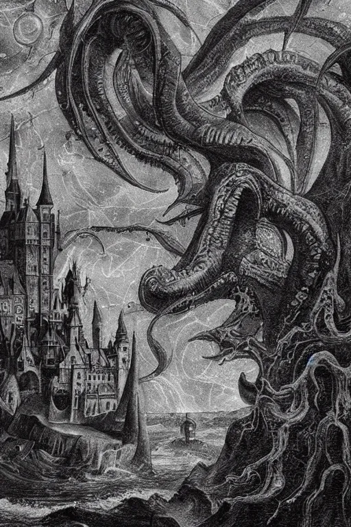 Prompt: lovecraftian, style of Bosch, castle, storm, architecture