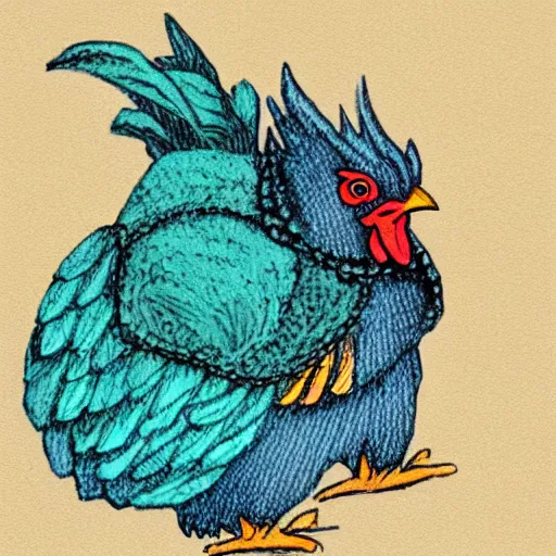 Image similar to A chicken knitting a scarf, color drawing