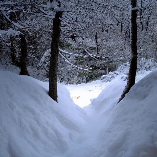 Image similar to snow cave under a snow patch with a stream running through it, light filtered through