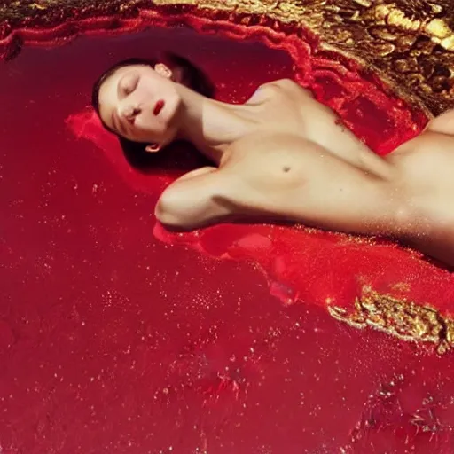 Image similar to Bella Hadid full body laying in a blood red pool of water between a golden mirror frame, outside is space and inside the mirror frame is a beautiful landscape., physically accurate, dynamic lighting, intricate, elegant, highly detailed, very very Roberto Ferri, sharp focus, illustration, art