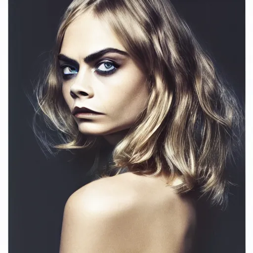 Image similar to photo of a gorgeous 40-year-old Cara Delevingne 1970s hairstyle by Mario Testino, detailed, head shot, award winning, Sony a7R -