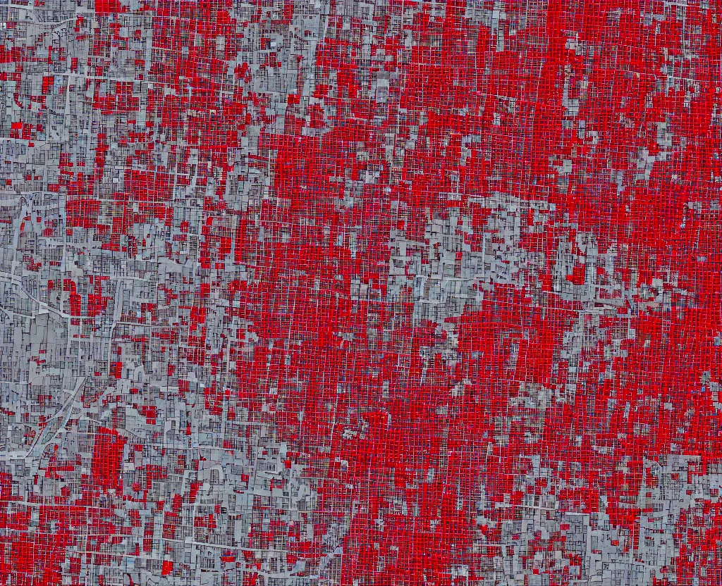 Prompt: multitude of red pixels cover a Vector AntiqueWhite on DarkGrey Streets Satellite Map, vector graphics, 8k, mapbox