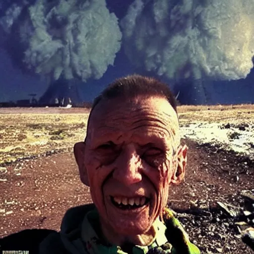 Image similar to last selfie of last alive funny scared ukrainian very damaged body to bones, bleeding running from nuclear explosion, big nuclear explosion at background