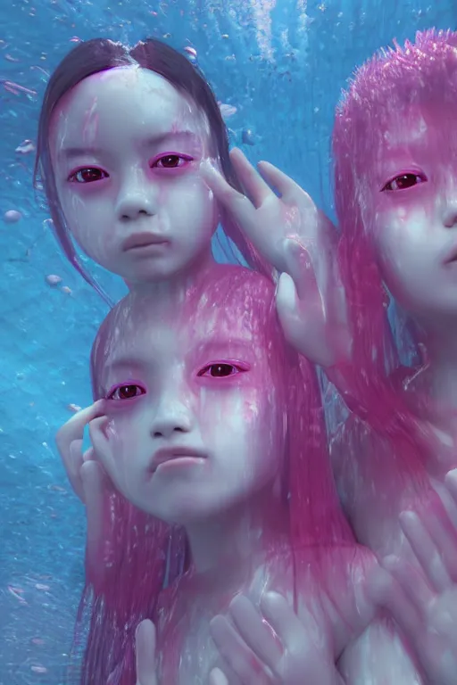 Prompt: 3d realistic dramatic infrared photo of two schoolgirls sisters with a realistic cute face fighting in a dark subway station under water in Japan. Close-up portrait. There are pink palm trees and translucent glow jellyfish flying around. Volumetric composition. Pastel colors in the style of Hiro Kiyohara, redshift, octane, trend artstation, cinematic, hyper realism, high detail, 8k