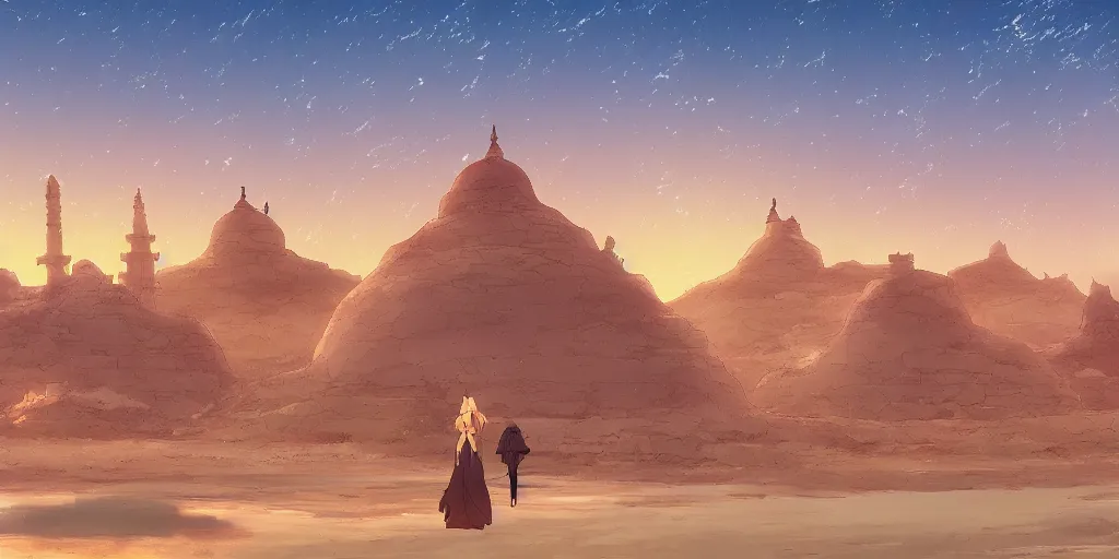 Image similar to a stunning desert landscape with an arabian palace on the horizon by makoto shinkai