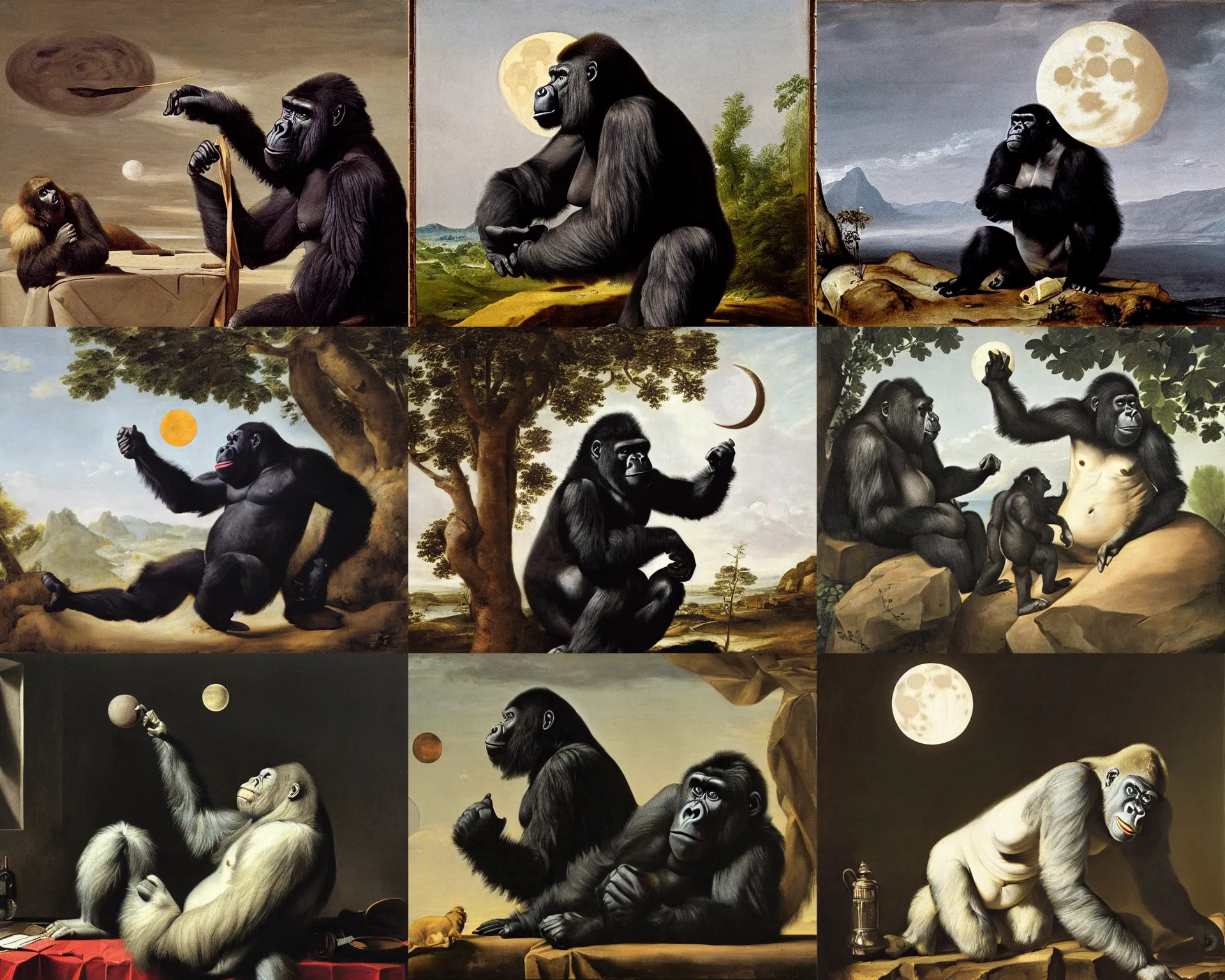 Prompt: gorilla pointing to the moon by pieter claesz