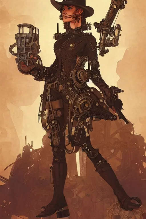 Prompt: steampunk half - cyborg, western gunslinger, smooth, sharp focus, illustration, highly detailed, digital painting, artstation, concept art, by disney animation, rossdraws, alphonse mucha, frank fanzzeta, collectible card art