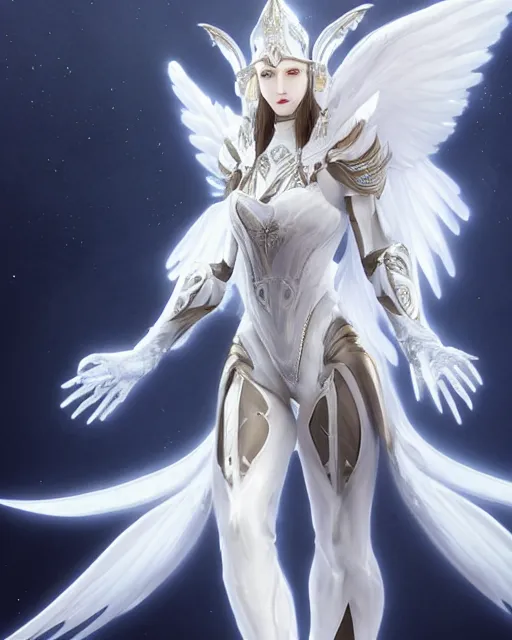 Image similar to regal white haired attractive egyptian goddess with huge white dove wings, warframe armor, beautiful, symmetric, dreamy, half asian, pretty face, blue eyes, detailed, scifi platform, laboratory, experiment, 4 k, ultra realistic, epic lighting, android body, illuminated, cinematic, masterpiece, art by akihito tsukushi, voidstar