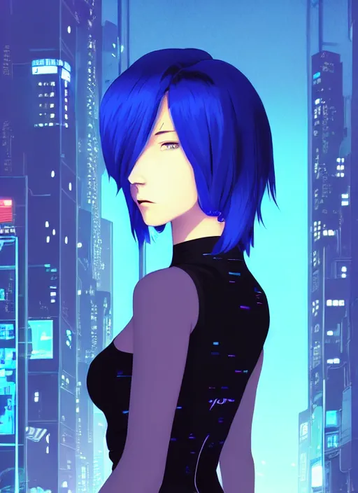 Image similar to digital illustrationportrait of cyberpunk pretty girl with blue hair, wearing a tight black dress, in city street at night, by makoto shinkai, ilya kuvshinov, lois van baarle, rossdraws, basquiat