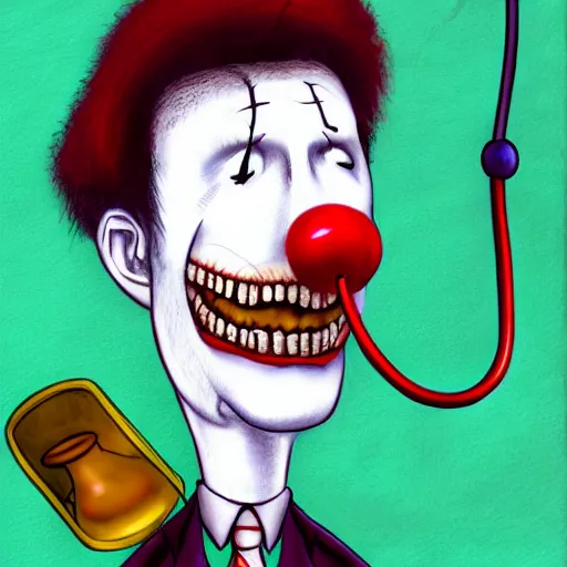 Prompt: a drawing of a clown with a stethoscope, a character portrait by david firth, trending on deviantart, neoplasticism, creepypasta, freakshow, macabre, white background