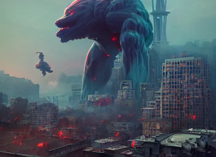 Image similar to seattle being attacked by a giant herculean demon, by beeple and maciej kuciara and greg rutkowski