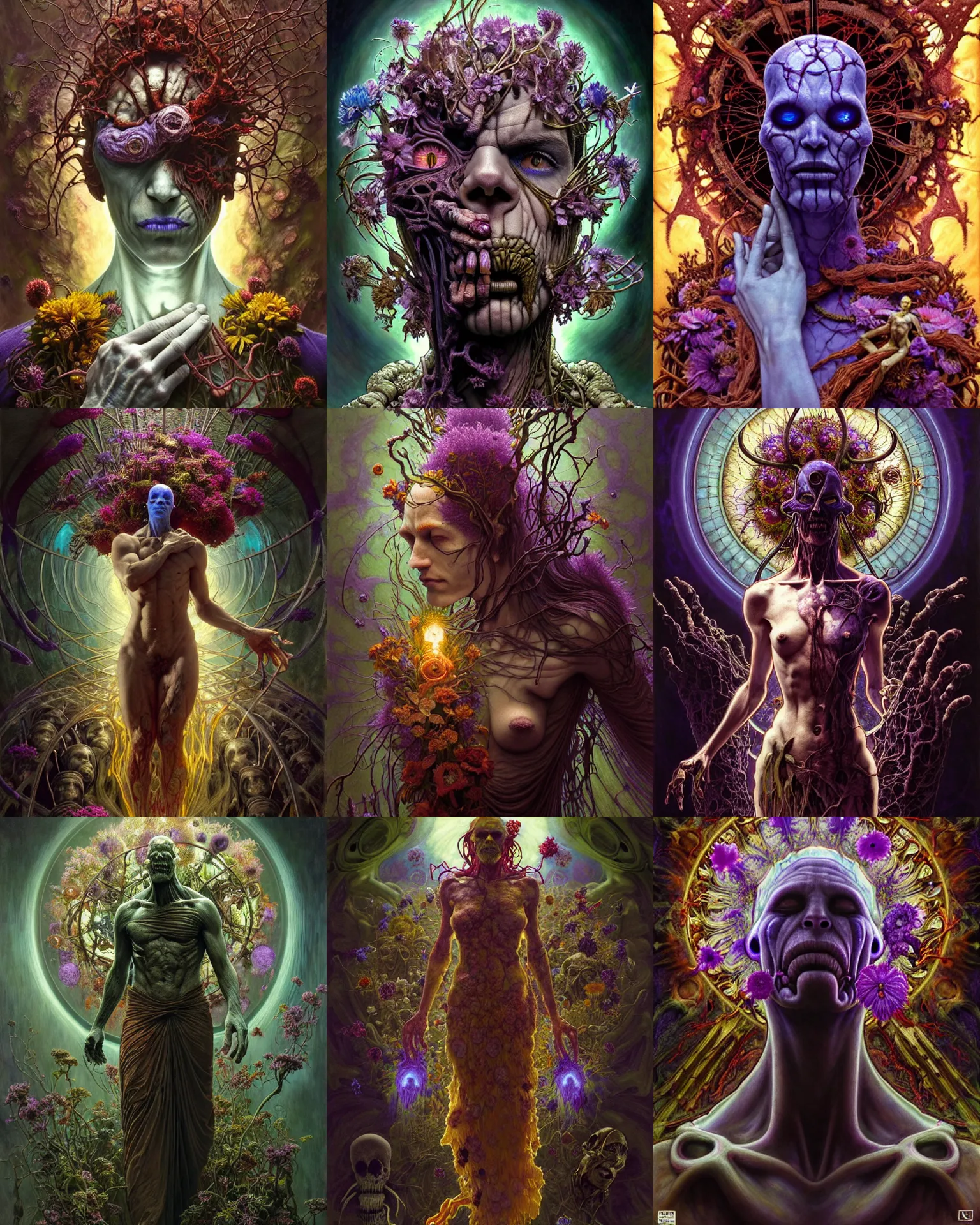 Prompt: the platonic ideal of psychosis, flowers and ayahuasca cletus kasady ultimate carnage thanos dementor wild hunt doctor manhattan chtulu nazgul mandelbulb davinci, d & d, fantasy, ego death, detailed, intricate, hyperrealism, intense, scary, decay, art by artgerm and greg rutkowski and alphonse mucha