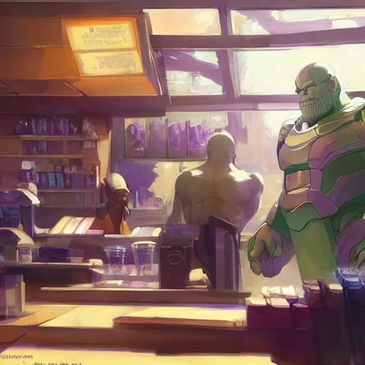 Prompt: portrait of thanos working at starbucks, digital illustration, by makoto shinkai and ruan jia and studio ghibli