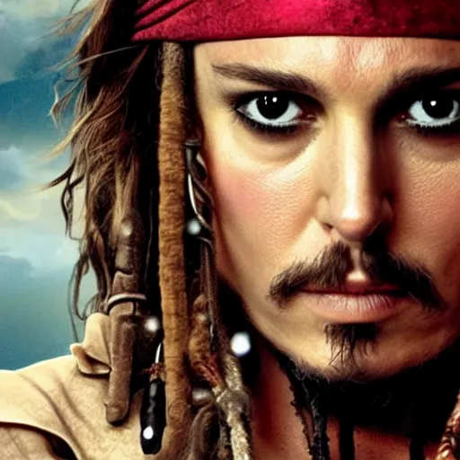 Prompt: Natalie Portman as Captain Jack Sparrow (Pirates of the Caribbean), dramatic cinematic portrait, rain
