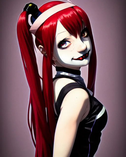 Prompt: portrait Anime as modern harley-quinn character girl cute-fine-face, brown-red-hair pretty face, realistic shaded Perfect face, fine details. Anime. hair-pigtails, clown black-red outfit realistic shaded lighting by Ilya Kuvshinov katsuhiro otomo ghost-in-the-shell, magali villeneuve, artgerm, rutkowski, WLOP Jeremy Lipkin and Giuseppe Dangelico Pino and Michael Garmash and Rob Rey