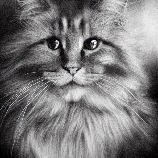 Prompt: long - haired siberian cat, illustration, charcoal, trending, artstation, hyper - detailed, coulson, peter