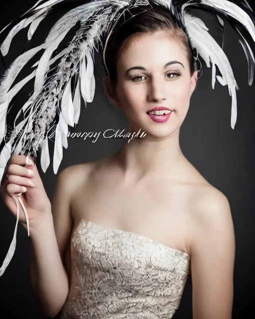 Image similar to beautiful woman with a dress of feathers photo 3 5 mm, studio light