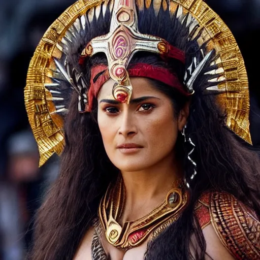 Image similar to Salma Hayek as aztec princess warrior hyper realistic 4K quality