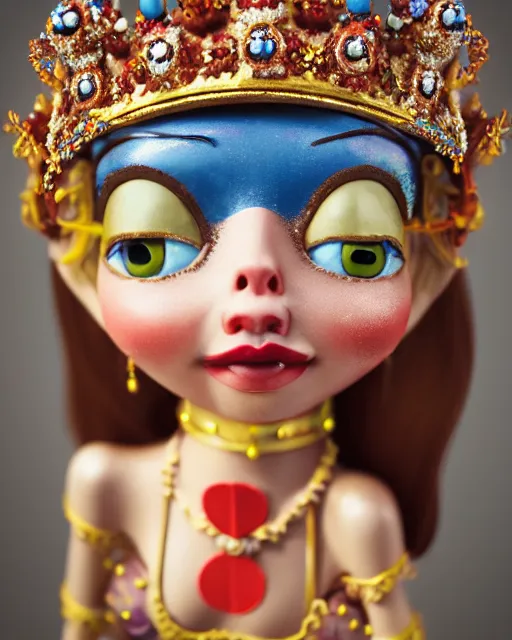 Image similar to closeup face profile portrait of a tin toy fairytale princess wearing a crown eating cakes, bikini, depth of field, zeiss lens, detailed, symmetrical, centered, fashion photoshoot by max fleischer, hyperrealistic, octane render