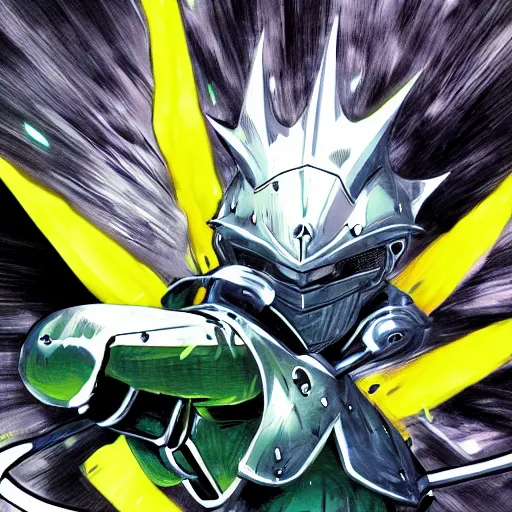 Prompt: knight in green car, blue armor, gold sword, dragon attack, low angle, action, manga panel, Murata