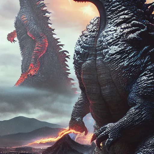 Prompt: godzilla, majestic, breathtaking, lightining in background, ultrafine hyperrealistic detailed illustration by kim jung gi, irakli nadar, intricate linework, sharp focus, bright colors, matte, film still from godzilla king of monsters, final fantasy, unreal engine highly rendered, 8 k, global illumination, radiant light, intricate environment
