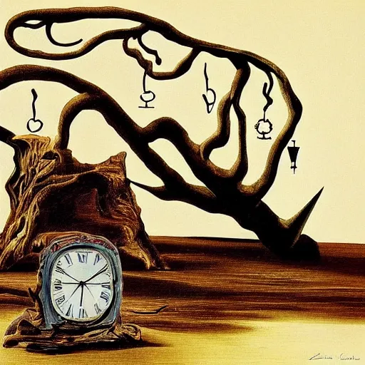 Image similar to a melted clock over a dead tree by salvador dali