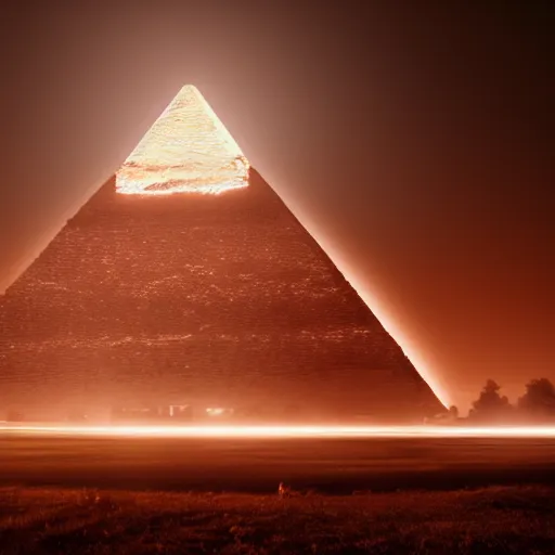 Image similar to big pyramid with blue glow lights and huge spaceship in sky, fog in background, cinematic looking, drama, scary