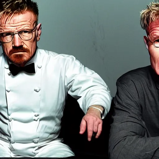 Image similar to walter white in a stareoff with gordon ramsay, high quality image