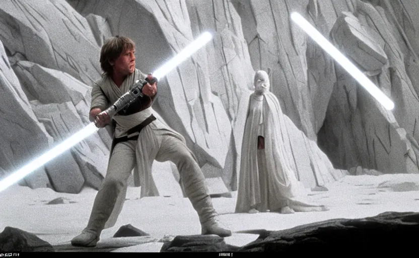 Prompt: screenshot portrait shot of Luke skywalker, played by mark hammill, he hold a lightsaber, facing off against a female sith lord woman in white, outside the rocky Jedi Temple, scene from The Lost Jedi Star Wars film made in 1980, directed by Stanley Kubrick, serene, iconic scene, hazy atmosphere, stunning cinematography, hyper-detailed, sharp, anamorphic lenses, kodak color film, 4k