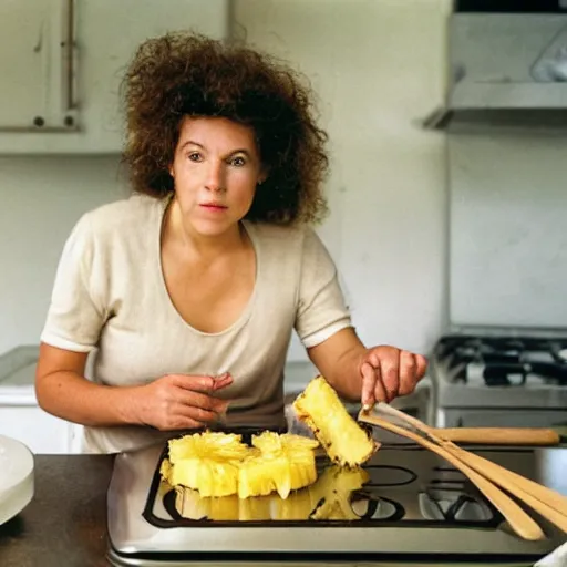 Prompt: tired mother of three children is cooking pineapple cake, photo by ana-lou Leibovitz