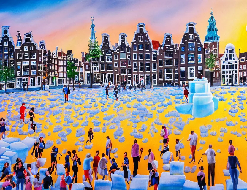 Prompt: a painting of a ice sculpture made of melting icecream in the shape of the skyline of amsterdam museum square and amsterdam houses on a very sunny bright summer sunset day, very hot and the ice is melting fast and people are swimming in the icecream in the style of james jean and fernando botero