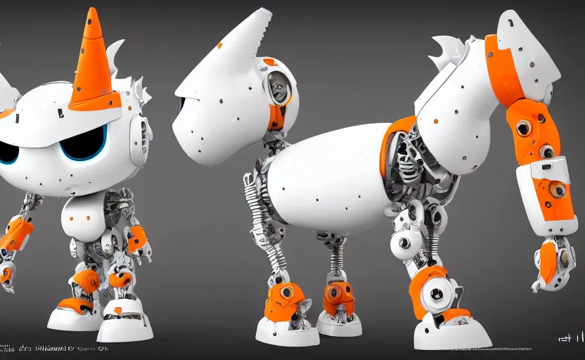 Image similar to cute robot unicorn, white and orange metal, in the style of Pixar, CGI, trending on art station, 8K