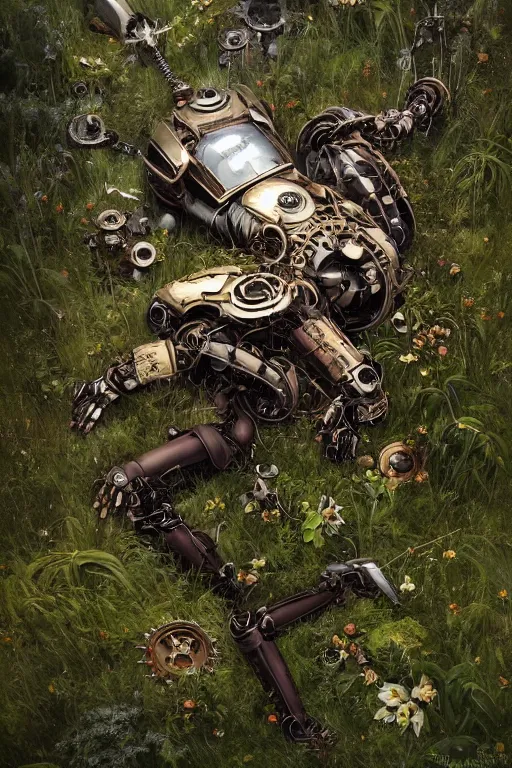 Prompt: a portrait of a broken mechanical steampunk robot laying in the meadow covered in plants by greg rutkowski, sung choi, mitchell mohrhauser, maciej kuciara, johnson ting, maxim verehin, peter konig, bloodborne, 8 k photorealistic, cinematic lighting, hd, high details, dramatic, dark atmosphere, trending on artstation