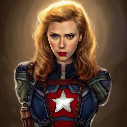 Image similar to captain america played by by scarlett johansson wearing steampunk outfit, face portrait, hd shot, digital portrait, elegant, beautiful, fantasy art, artstation, comic style, by artgerm, guy denning, jakub rozalski, magali villeneuve and charlie bowater