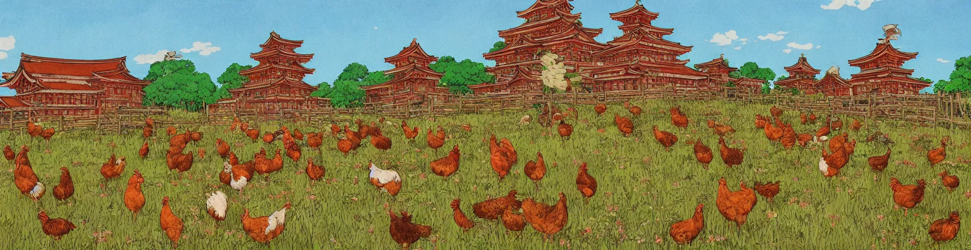 Prompt: big red and brown japanese fort in a meadow with chickens by studio ghibli painting