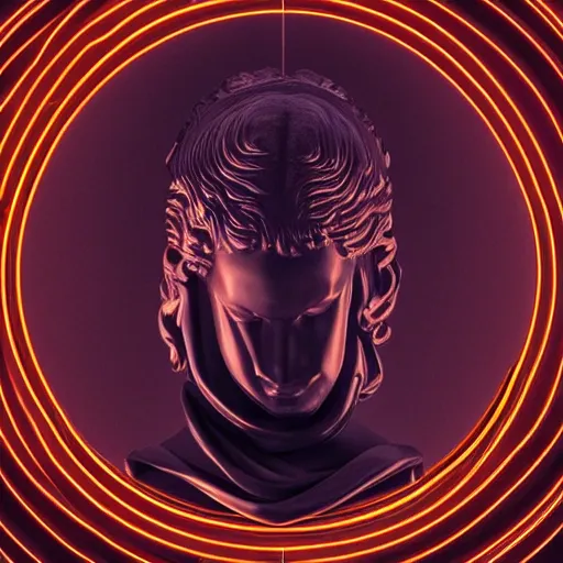 Prompt: a neon circle surrounding the head of a renaissance statue, 3 d render, black background, ray tracing, 8 k resolution, sharp focus, highly detailed, hyper realistic