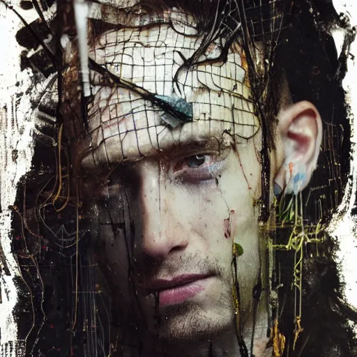 Prompt: portrait of a young punk man of wires and bandages, glitched, photography, marta syrko, julia margaret cameron, painterly, dripping and splashing black paint and oil smears. scumbling, de kooning, craig mullins