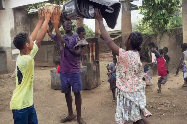 Prompt: a guy putting a dustbin over the head of a girl