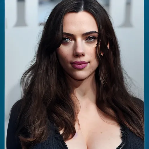 Image similar to a woman who is a genetic combination of kim kardashian and kat dennings and scarlett johansson and margot robbie and emma watson, face and upper - body focus, detailed eyes