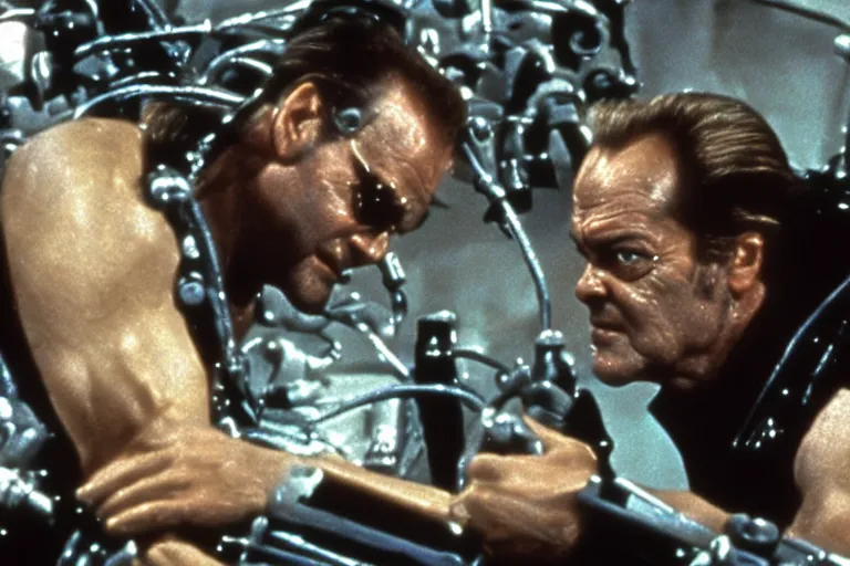 Image similar to Jack Nicholson plays Terminator, scene where his endoskeleton gets exposed, still from the film