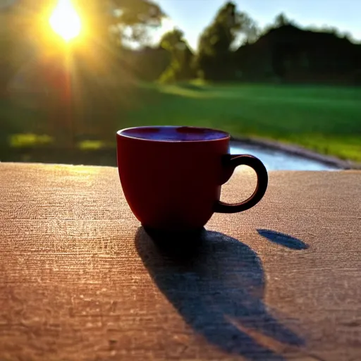 Prompt: a snail watching the sun rise whilst drinking a cup of tea, early morning light, beautiful day