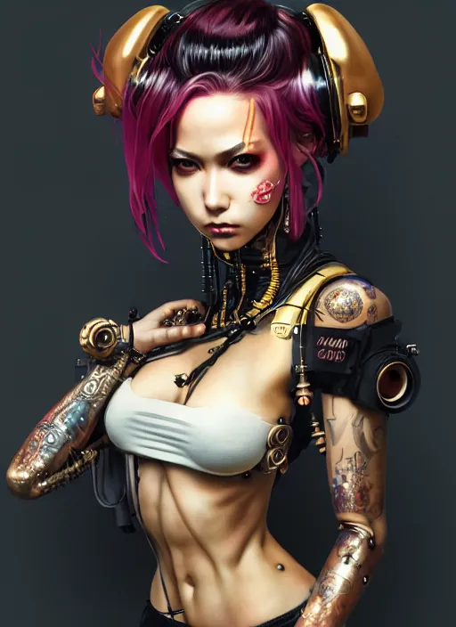 Image similar to soft lustrous ebony geisha seductive raver gutter punk steampunk cyborg, yakuza, golden ratio, details, scifi, fantasy, cyberpunk city, intricate, decadent, highly detailed, octane render, digital painting, artstation, concept art, sharp focus, illustration, art by artgerm, loish, wlop