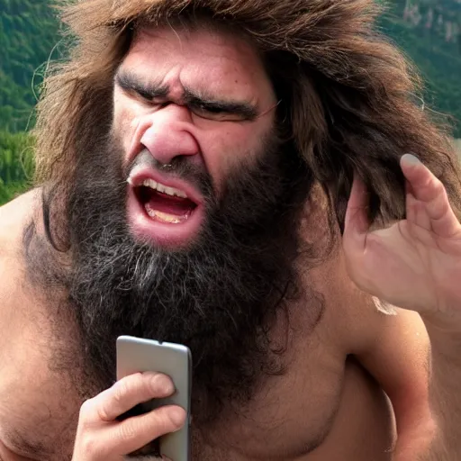 Prompt: a confused caveman using an iphone