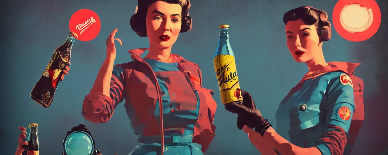 Image similar to duotone noir concept illustration 3 / 4 portrait of vintage female fallout 4 model in retro space suit advertising bottles nuka cola. accidental renaissance. by sachin teng and sergey kolesov and ruan jia and heng z. graffiti art, scifi, fantasy, hyper detailed. octane render. concept art. trending on artstation