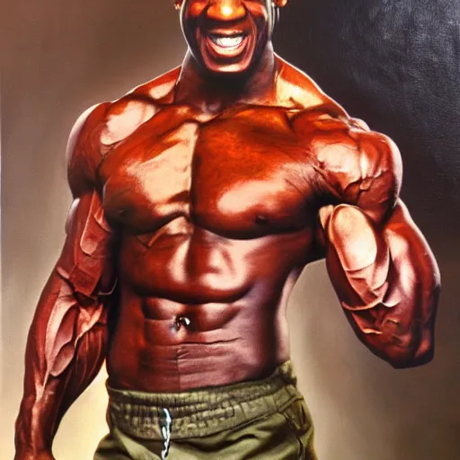 Prompt: rambo, 1 9 8 6, bill cosby, muscular, defined, shouting, oil on canvas octane render