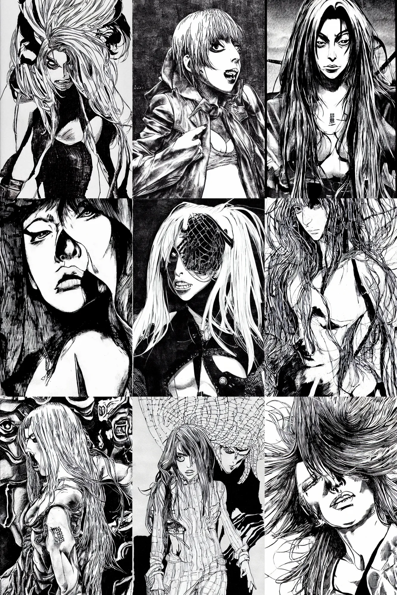 Prompt: detailed lady gaga similing in vagabond manga by takehiko inoue, black ink