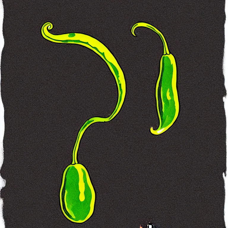 Prompt: simple yet detailed illustration pictogram of a jalapeno on fire , use of negative space allowed, artwork created by mike mignola and bansky in the style of a tattoo stencil, shaded ink illustration, black and white only, smooth curves